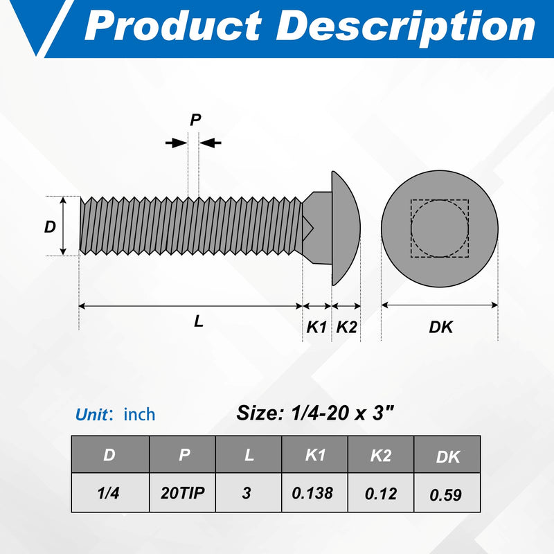 [Australia - AusPower] - Zonon 50 Sets 1/4-20 x 3 Stainless Steel Carriage Bolts and Nuts Kit Round Head Square Neck Carriage Bolts Screws and Hex Nuts and Flat Washers, Stainless 18-8 Full Thread Coverage (Silver) 1/4-20 x 3" Silver 