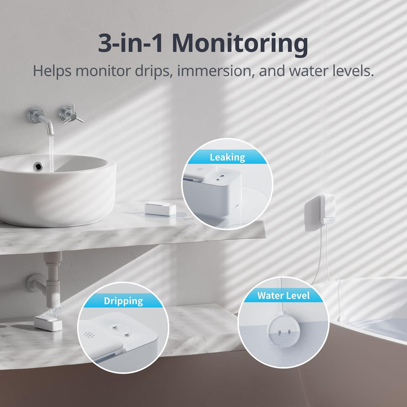 SwitchBot WiFi Water Leak Detector, Smart Water Sensor with 100dB Adjustable Alarm&App Alerts, IP67 Waterproof, Detector for Home with 3.28ft Sensing Cable, No Hub Required (Support 2.4G) (3, White) 3.0
