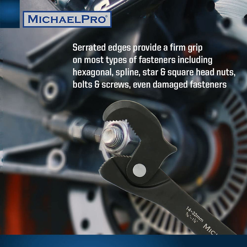 MichaelPro Dual Action Auto Size Adjusting Wrench, 5/16” to 1-1/4" (8 – 32mm) Self-Adjusting Quick Wrench, Multi-Size Spring | MP001206, Black 14-Inches