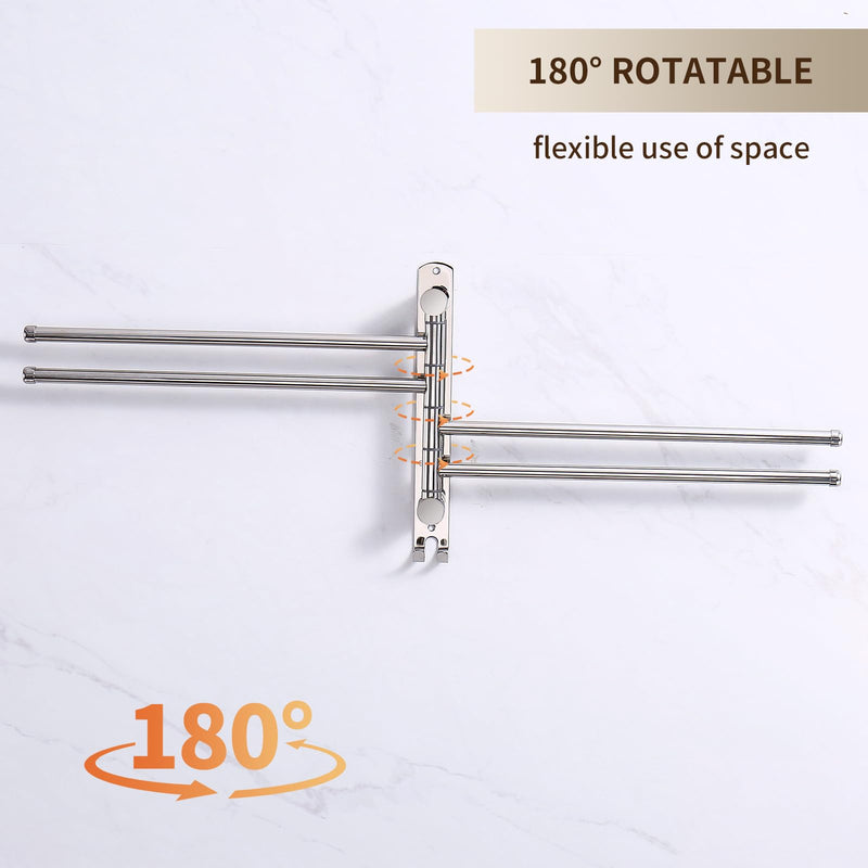 Swivel Towel Rack, 14" Thicken 304 Stainless Steel 4-Arm Adjustable Towel Bar,Wall Mounted Towel Holder with Hook, Space Saving for Kitchen, Bathroom, Outdoor (Silver, 4 Arms) Silver 4-arms