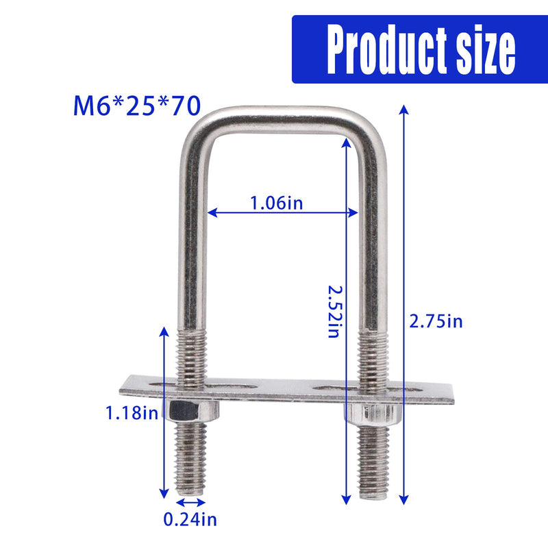 [Australia - AusPower] - U Bolts 1 Inch Wide, 70mm Length M6 Stainless Steel Square Tube Clamps with Nut and Plate (6 Set) 6 (M6) 25mmx70mm 