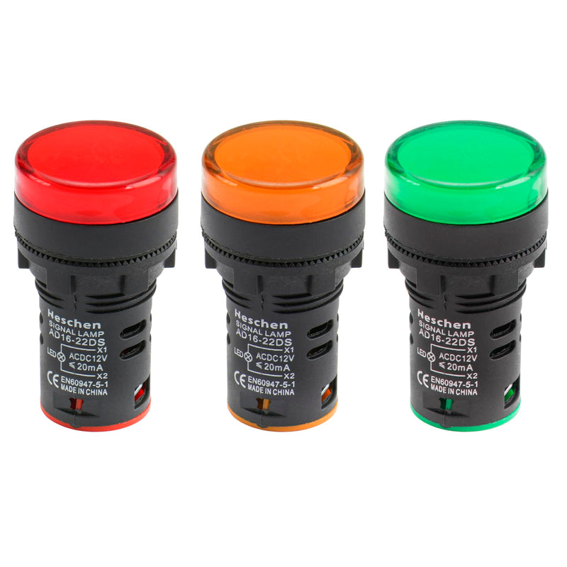 Heschen 22mm LED Indicator Light AD16-22D/S 12V DC 20mA Red/Green/Yellow Light Color (Pack of 3)