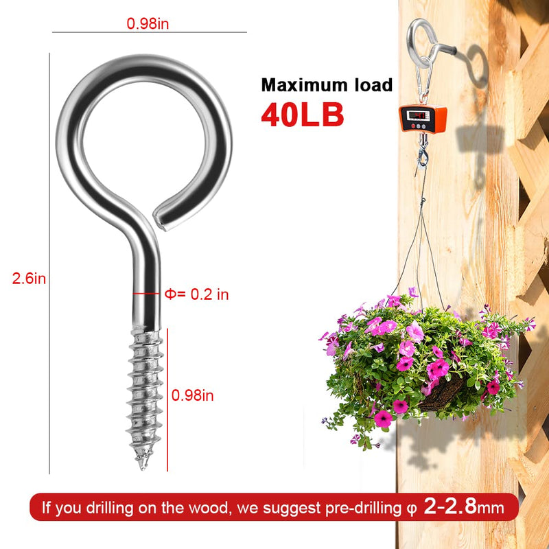 [Australia - AusPower] - 2.6inch Screw Eyes Heavy Duty Screws Eye Bolts Stainless Steel Eye Hooks Self Tapping Eyelet Screw for Wood Indoor & Outdoor Use(Sliver 40PCS) 2.6 x 1 inch Sliver 40PCS 