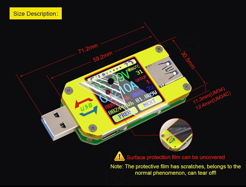 [Australia - AusPower] - RD UM34C 4A USB3.0 USB Meter Tester Voltage Current Power Charger Voltmeter Ammeter Multimeter Tester Measure Cable Resistance(UM34C) 