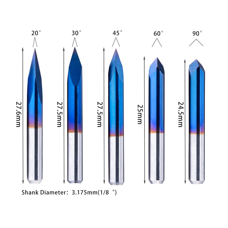 [Australia - AusPower] - Set of 10 20/30/45/60/90 Degrees 0.1 mm Engraving Cutter Set V Milling Tip in Pyramid Shape Triangular Pyramid V-bit Nano Coating for Acrylic, Wood, PVC, Engraving and Milling 20/30/45/60/90 degree x 0.1 
