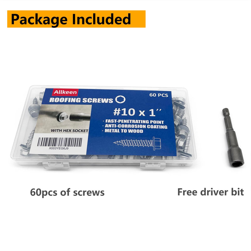[Australia - AusPower] - #10 x 1" Hex Head Sheet Metal Roof Screws, Rustpert Coating Metal to Wood siding Screws, 60 Pieces 60 Pcs Silver 