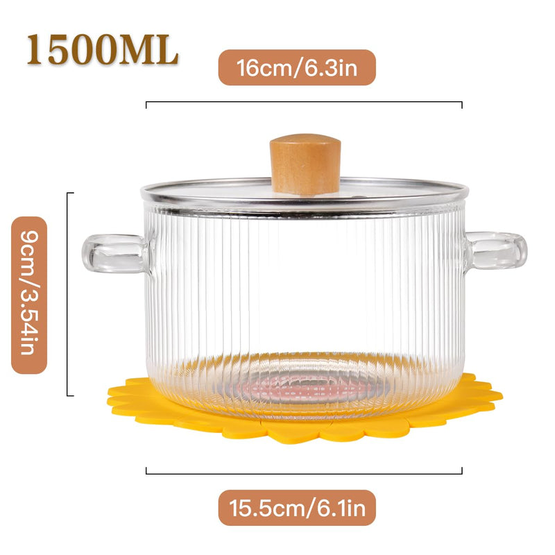 Clear Glass Cooking Pot With Lid And Brush On Stove - 1.5L(51oz) Borosilicate Glass Simmer Pot With Cover - Glass Cookware Stovetop Pot Set For Pasta Noodle, Soup, Milk 1.6 Quarts