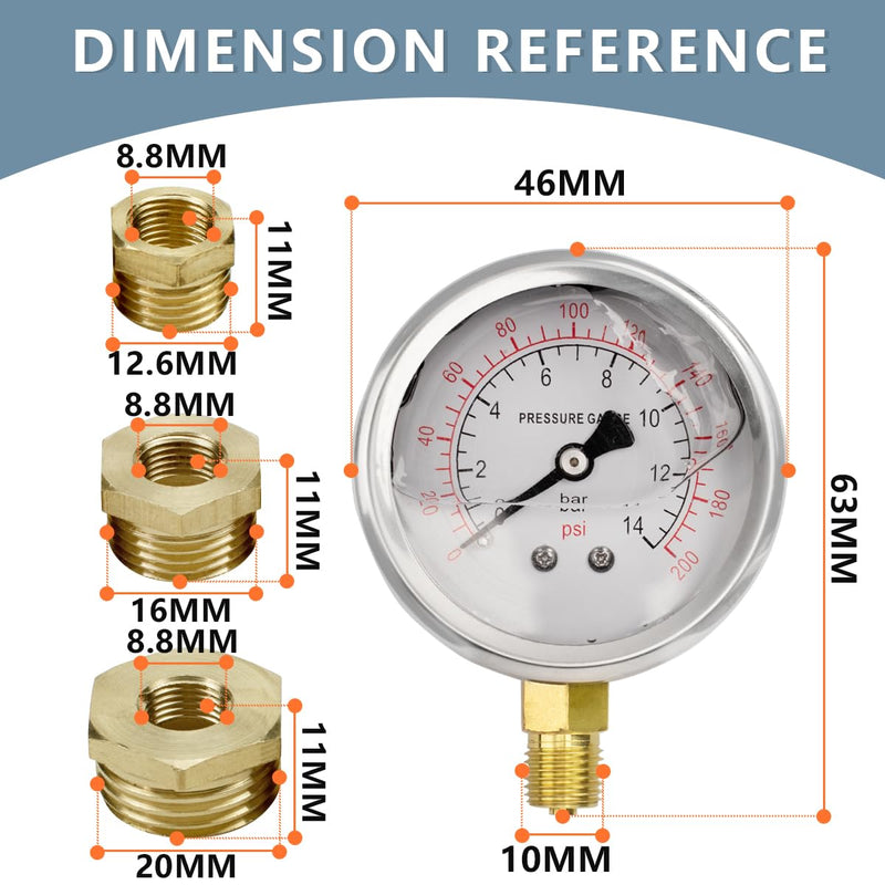 [Australia - AusPower] - Innfeeltech 1-Pcs 40 mm Pressure Gauge BSP 1/8 Inch 0-14 Bar 0 ~ 200 Psi with 3 Pieces Socket 1/8 Inch to 1/4 Inch, 1/8 Inch to 3/8 Inch and 1/8 Inch to 1/2 Inch and Teflon Tape, Radial 40MM, 14bar(200psi) 