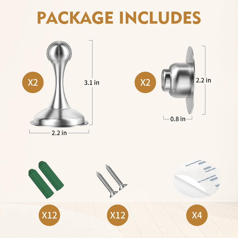 [Australia - AusPower] - Magnetic Door Stopper Door Catch - 2 Pack Stainless Steel Heavy Duty Door Holder Stops for Bottom Top of Door - Wall Floor Mounting No Drill 3M Adhesive & Screws Strong Magnet Keep Door Open, Silver Silver 2 Pack 