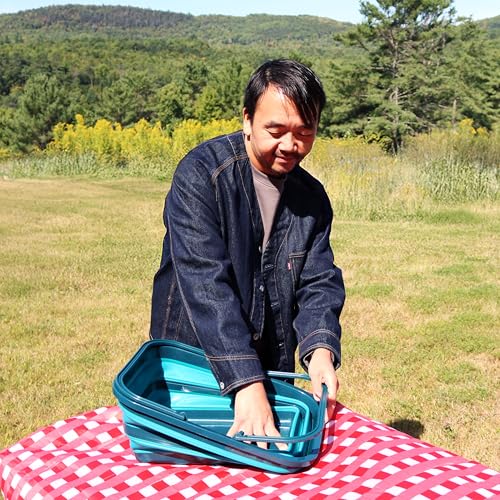 Adventure Ready collapsible 16L portable sink for hiking and camping, featuring a flatware storage compartment and compact design.