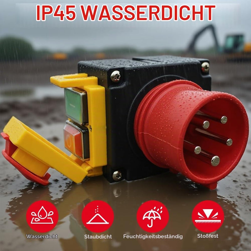 Motor Protection Switch 400 V, 3-Phase Emergency Stop Switch with CEE Plug, Waterproof Electromagnetic Machine Switch 400 V with 67 cm Cable, Phase Inverter, Zero Voltage Switch, Compatible KEDU KOA7