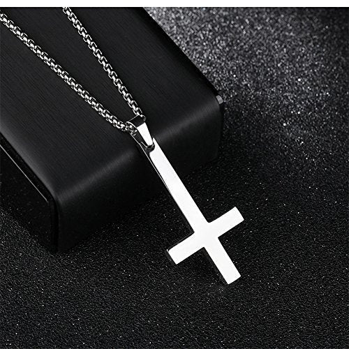 PAURO Men's Inverted Cross Upside Down Necklace Pendant Black Gold Silver Silver-Large