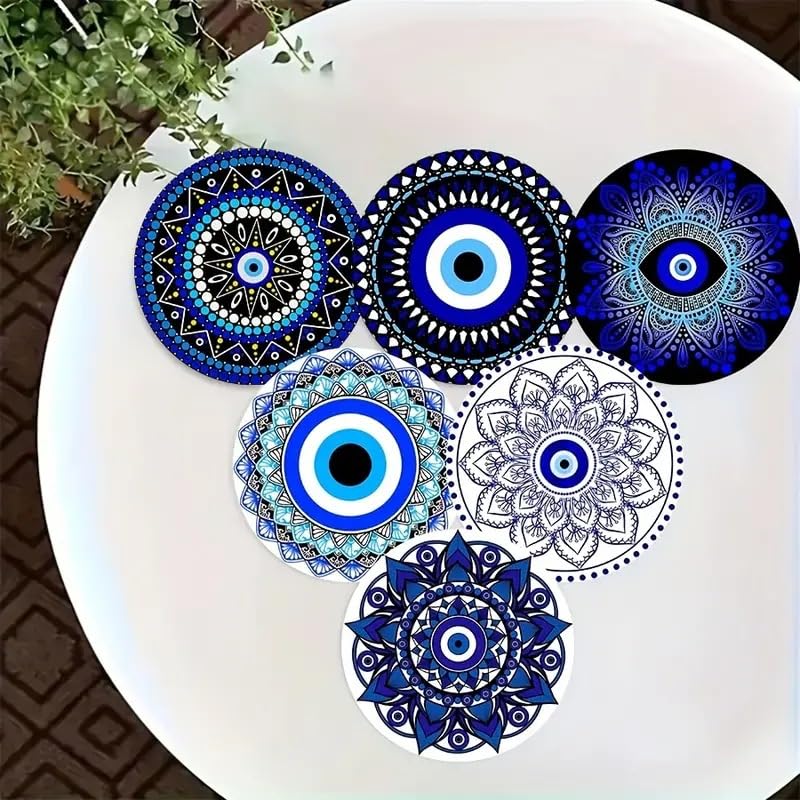 6Pcs Evil Eye Coasters, Butterfly Mandala Flower Coaster Coffee Cup Mat for Kitchen Table Bar Cup Home Dining Decor, 4" Diameter