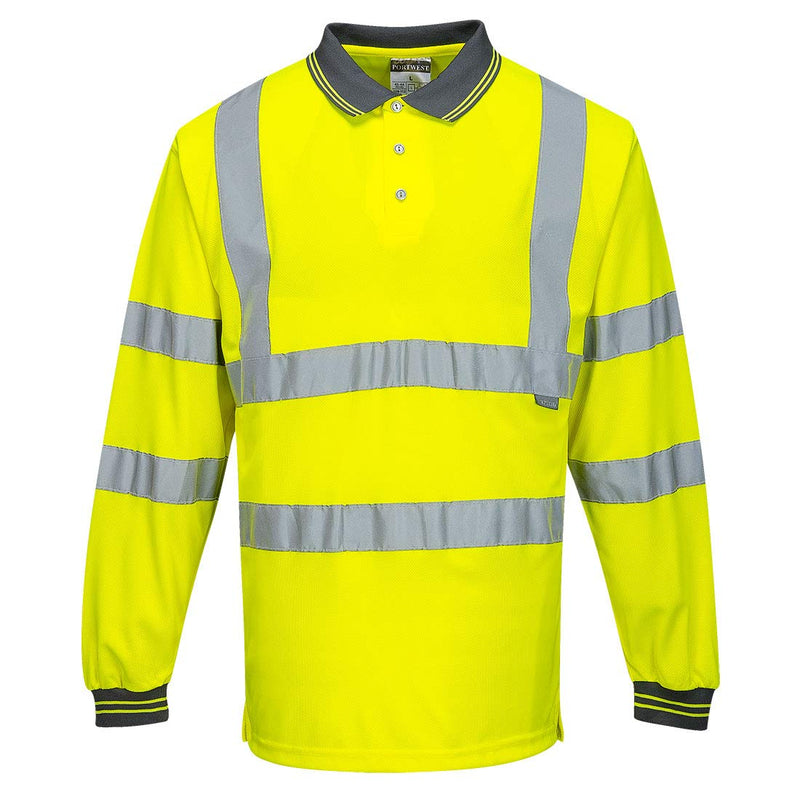 Portwest Hi-Vis Polo ShirtL/S Viz Visibility Reflective Safety Work Wear Top ANSI 3, Yellow, Large