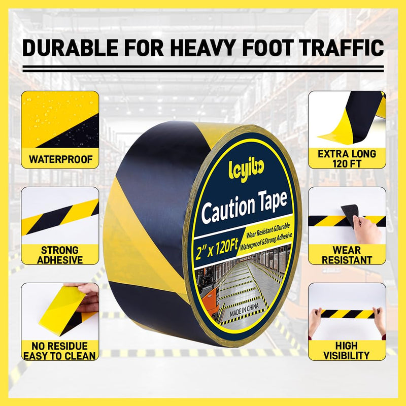 2 Inch x 120 FT Black & Yellow Caution Tape Roll, Hazard Safety Floor Marking Tape, Strong Adhesive, Waterproof, Wear Resistant for Floors, Walls, Staircases, Pipes, Equipment, Dangerous Areas 2" x 120' Black/Yellow 1