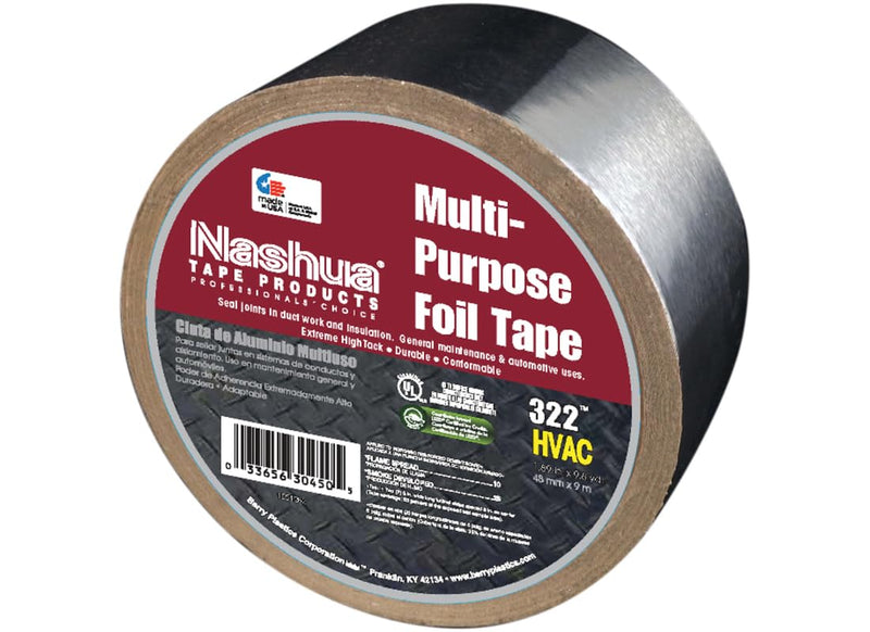Nashua 322 HVAC Multipurpose Foil Tape, 3.2mil Thick, UV & Moisture Resistant, UL 723 Classified for HVAC Ducts, Insulation Seaming, Automotive Repairs - 48mm x 9m Standard