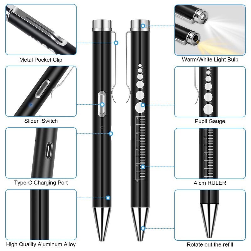 [Australia - AusPower] - Flintronic Pupil Light Medicine, Diagnostic Light Nurse Emergency Service Accessories, with Pupil Meter & Ruler & Writeable Lead, USB LED Pen Lamp for Nurse Doctor 1pc-white 