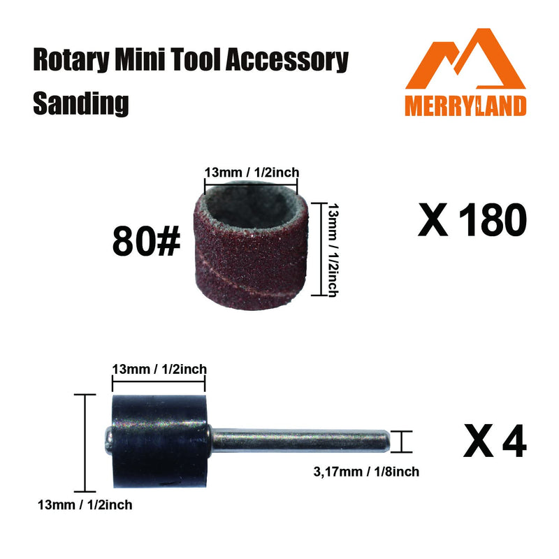 [Australia - AusPower] - Merryland Sanding Drum Sander for Dremel 184pcs, Sanding Band Sleeve 80# 13mm 180pcs and Mandrel 4pcs Mini Rotary Tool Accessory Electric Power Tool DIY, RMTA184C1 80# 13mm" Sanding Band 184pcs 