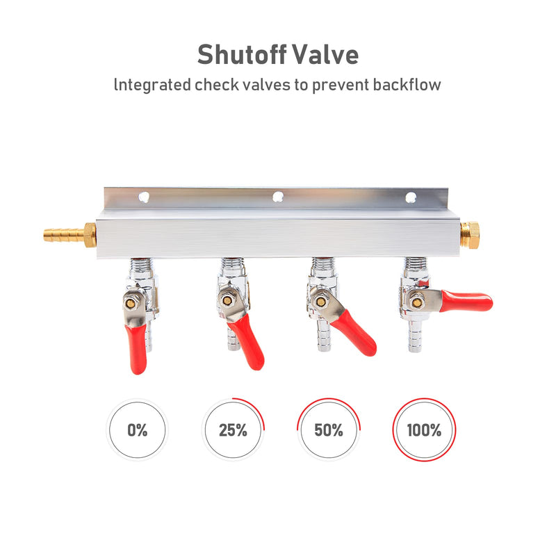 [Australia - AusPower] - Roastove 4-Way Gas Manifold CO2 Distributor Manifold 5/16 inch Barb/Stem Splitter Beer Integrated Check Valves Homebrew Beer Making Brewing Tool-CO2 gas input at LEFT side+5CLAMPS 4 WAY 