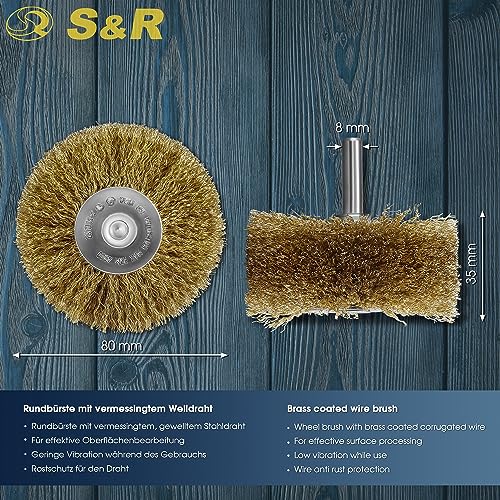 S&R Steel Wire Round Brush Grinding Brush Brass 80 mm x 35 mm | Brass Plated Wood Texture Brush, 0.25 mm Corrugated, Round Shaft 8 mm, Wire Brush for Wood, Metal, Stainless Steel, Plastics 80x35 mm
