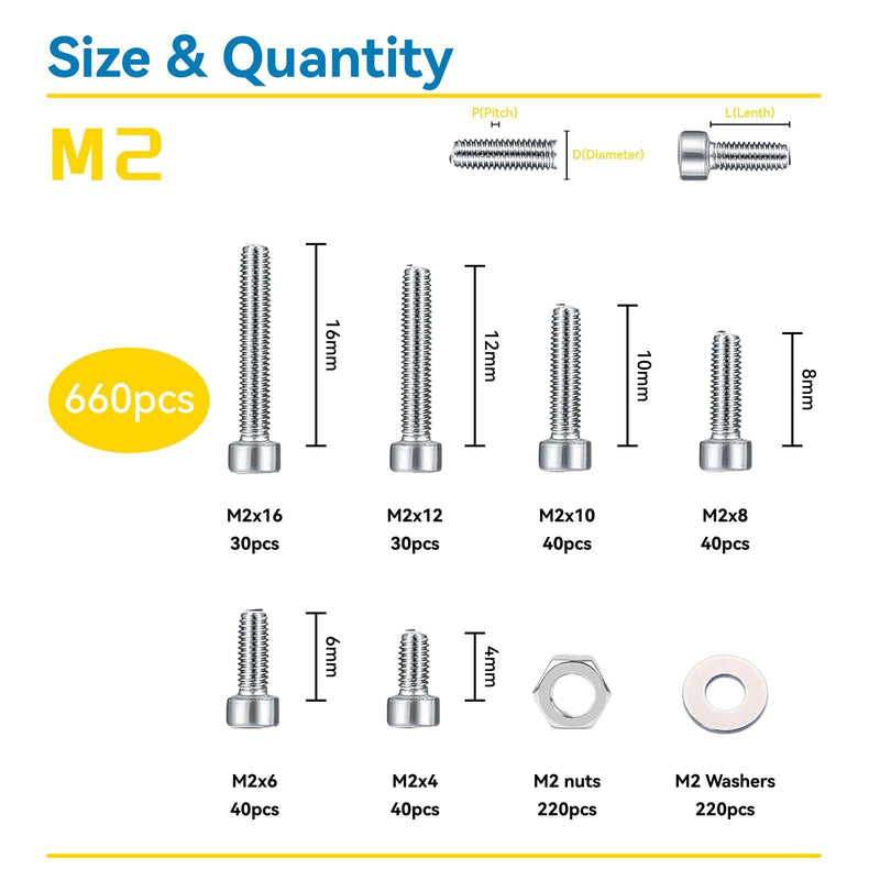 [Australia - AusPower] - 660 Pcs M2 Screw Assortment, Metric Hex Socket Head Cap Bolts, M2*4mm/6mm/8mm/10mm/12mm/16mm Screws Nuts and Washers, Stainless Metric Bolts Nuts Washers Kit with 1 Hex Allen Wrench M2 660Pcs 4mm-16mm 