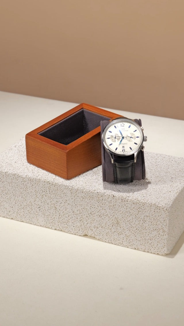 Oirlv solid wood double watch display stand in grey with two square compartments for jewelry showcase.