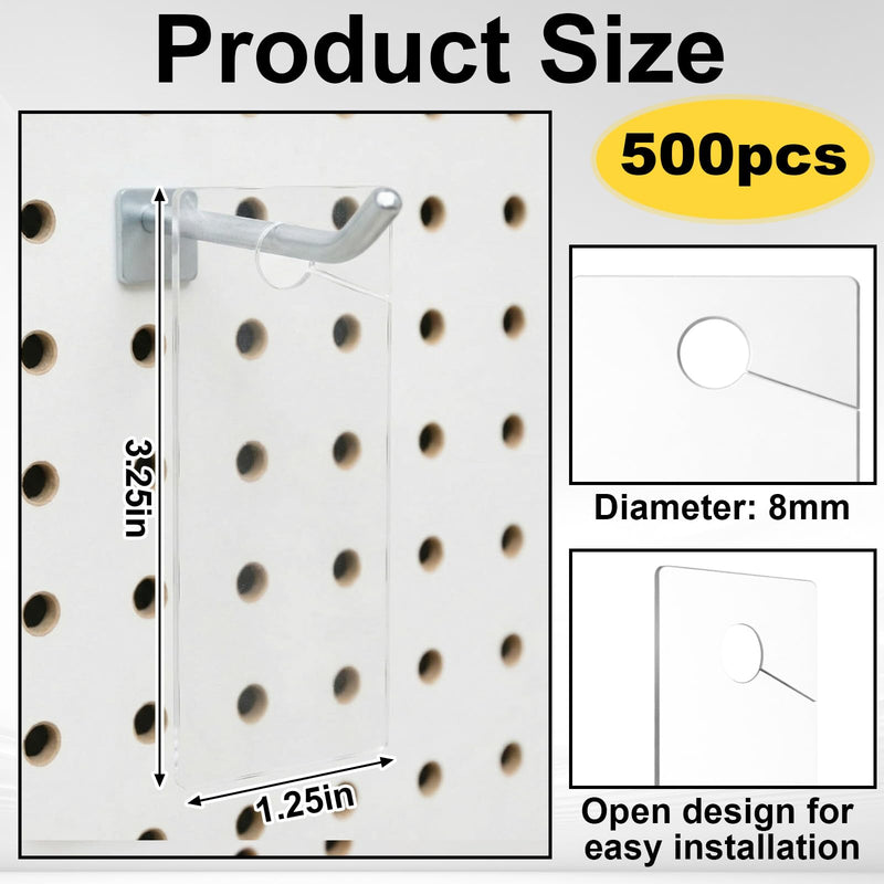 Bucherry 500 Pcs Clear Plastic Peg Hook Label Holders 3.25" X1.25" Clear UPC Tag & Reorder Ticket Tabs for Pegboard, Slatwall & Gridwall Hooks Durable Retail Price Label Display Easy Slide-on Design