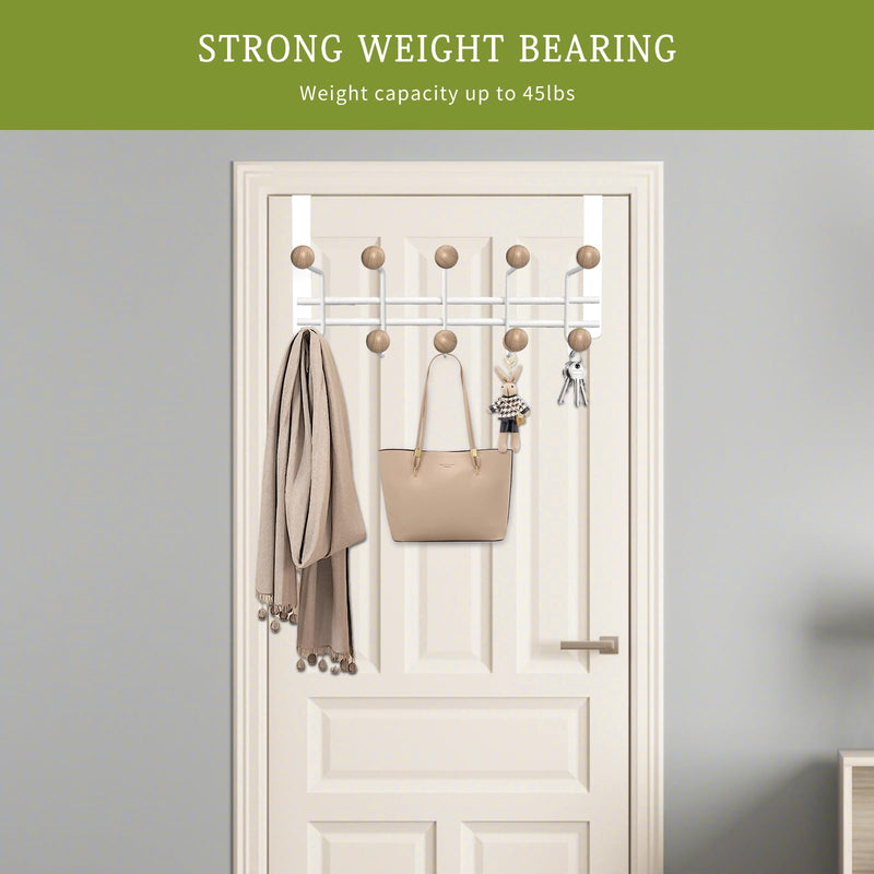 [Australia - AusPower] - 2 Pack Over The Door Hooks,Sturdy Metal Over Door Organizer Rack with 10 Wooden Hooks for Living Room, Bathroom, Bedroom, Kitchen Hanging Clothes, Towels, Hats, Coats, Bags-White White(2 pack hangers with 10 hooks) 