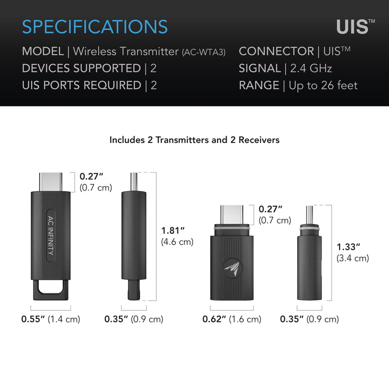 [Australia - AusPower] - AC Infinity UIS Wireless 1-to-1 Transmitter and Receiver Two-Pack, Replaces Wired Connector Cords, 26 ft. Max Range, 2.4 Ghz Remote Connection to UIS Devices and Controllers 