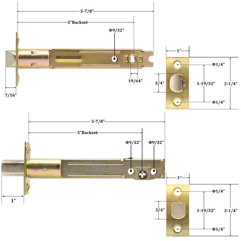 5-Inch Deadlatch & Deadbolt Latch Combo Door Lock Replacement Parts with Square Interface Fit 5 Inch Backset Standard Entry Doors Knobset or 90°Rotation Leverset, Polished Brass 5" Latch Combo