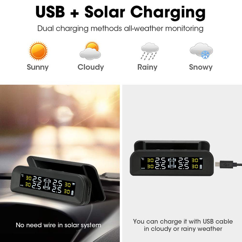 [Australia - AusPower] - Tire Pressure Monitoring System Wireless Solar TPMS, Tire Pressure Monitor Installed on Windowshield with 4 External Sensors Real-time Display Temperature Pressure 22-87 PSI for Car RV SUV MPV Sedan 
