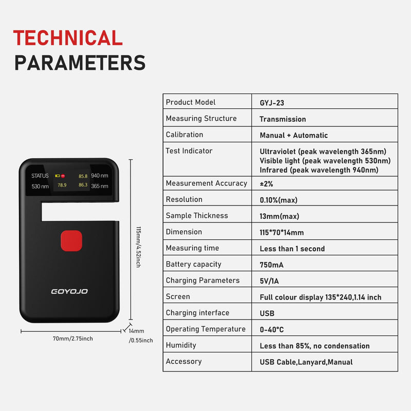 [Australia - AusPower] - Tint Meter Inspector for Car Window, Portable Solar Tester Meter IR940nm/UV365nm/VLT530nm, with Data Locking and USB Charging Test Accuracy¡À2%,for Solar Film,Agricultural 