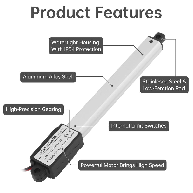 25mm 12V Mini Linear Actuator, Stroke Linear Motion Actuator 15mm/s 64N/14.4lbs High Torque Micro Electric Linear Actuator with Waterproof Switch, Mounting Bracket (25mm(1inch)) 25mm(1inch)