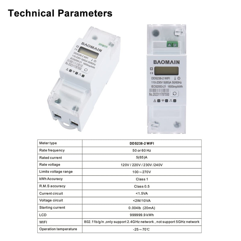 [Australia - AusPower] - Baomain Single Phase Smart Energy Meter DDS238-2 WiFi 110-230 VAC 5(65) Amp 50/60 Hz, 1600imp/kWh 
