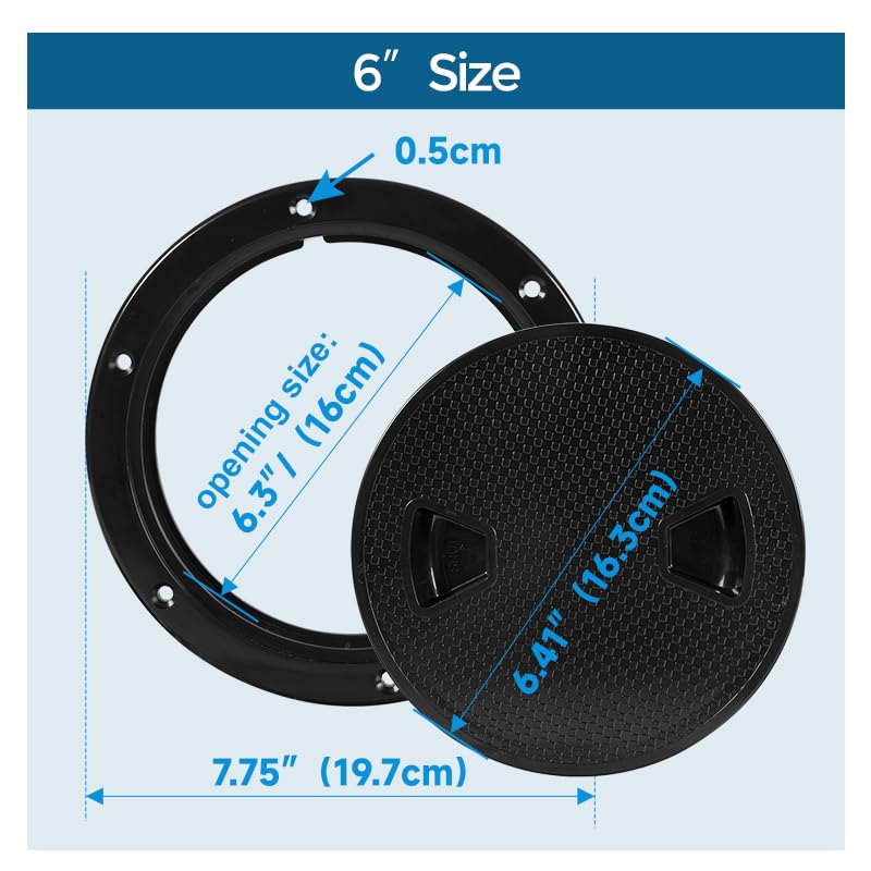 Boat-Ready Black Round Non-Slip Inspection Hatches - Sizes 4", 6", 8" with Detachable Cover - ABS Plastic Screw Out Access Hatch Cover for Kayak, Yacht, Marine Accessories Black 6 inch