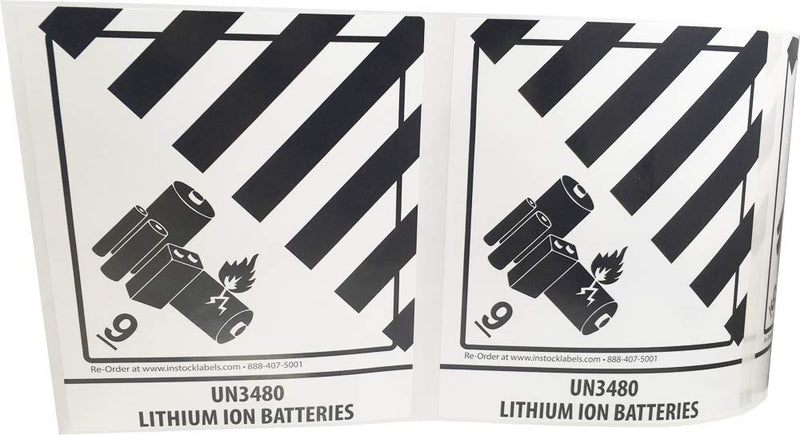 Hazard Class 9 D.O.T. UN3480 Lithium Ion Batteries Labels, 4 x 4 3/4 Inch Square Black and White Hazmat Stickers, 500 Adhesive Shipping Labels – Made in the USA