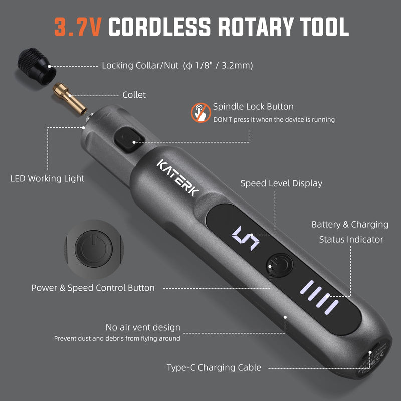 Katerk Mini Cordless Rotary Tool, 5-Speed Rotary Tool Kit, 5000-20000RPM & 70 Accessories, Multi-Purpose 3.7V Power Rotary Tool for Sanding, Engraving, Polishing, Drilling, DIY Crafts, 3D Printing Grey