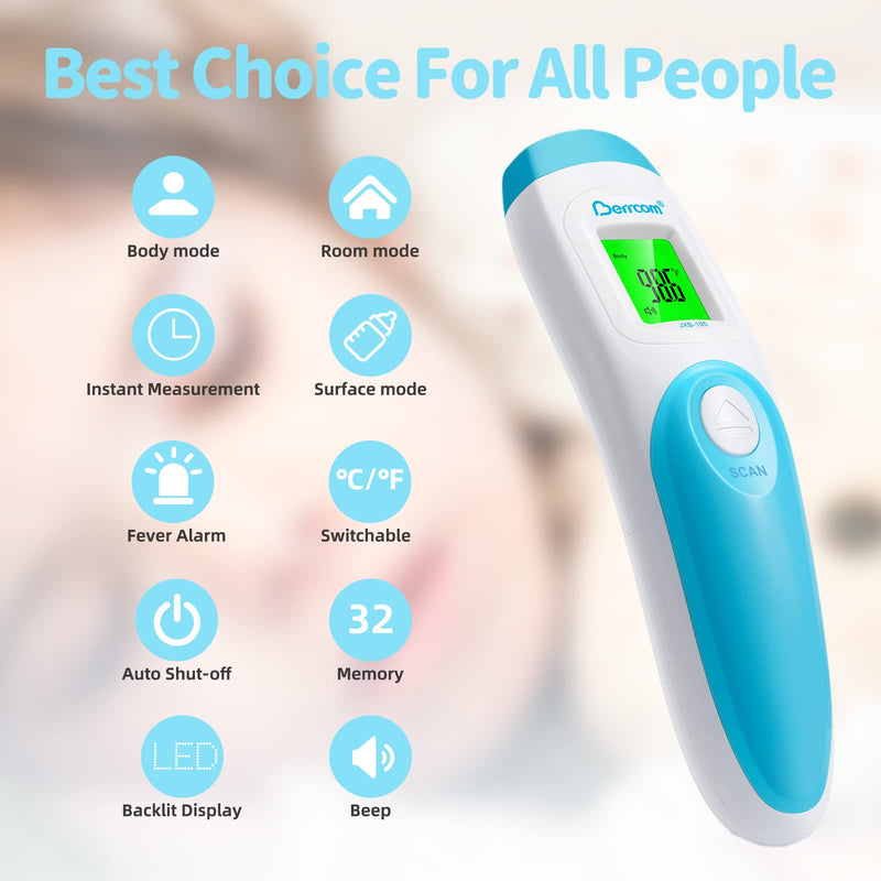[Australia - AusPower] - Berrcom Non Contact Forehead Thermometer Digital 3 in 1 Contactless Infrared Thermometer for Babies Adults Objects and Space Instant Measuring Time Memory Function Blue 