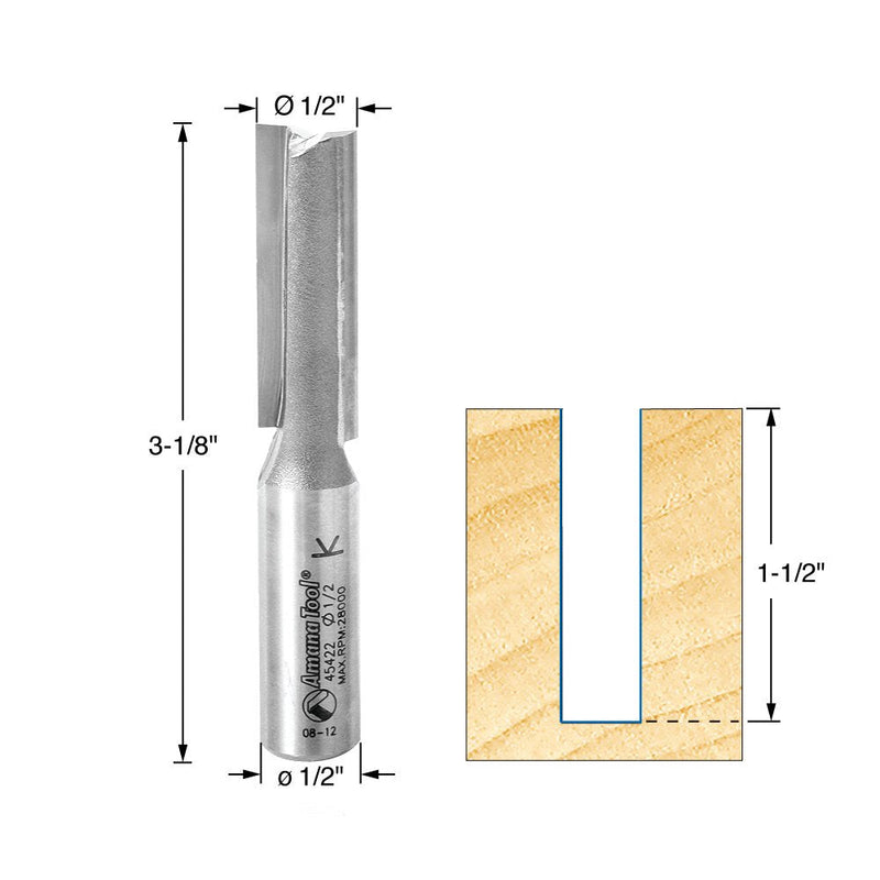 Amana Tool - 45422 Carbide Tipped Straight Plunge 1/2 Dia x 1-1/2 x 1/2" Shank