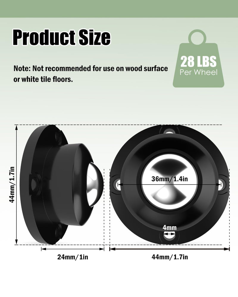 [Australia - AusPower] - Self Adhesive Caster Wheels - 360° Swivel Wheels for Furniture - 1 Inch Steel Universal Wheel, 28 LBS Load Capacity Per Wheel, Low Profile Roller for Small Appliance Storage Bins (8 PCS, Black) 8 Black-with Larger Ball Bearings 