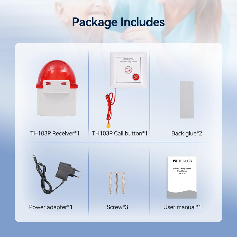 Retekess TH103P Caregiver Pager System, Wireless Alarm System, IP54 Waterproof, 200m/656ft Range, Rechargeable Emergency Call System Suitable for Seniors, Children, and Patients