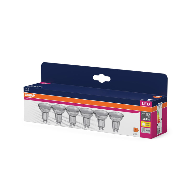 Osram LED Star Value PAR16 Value Pack with 6 Bulbs, Replaces Conventional 50 W Reflector Bulbs, Warm White (2700 K), 4.3 W, GU10 Socket, Filament Glass, Not Dimmable 10 pcs (pack of 1) 36° beam angle Pack of 6