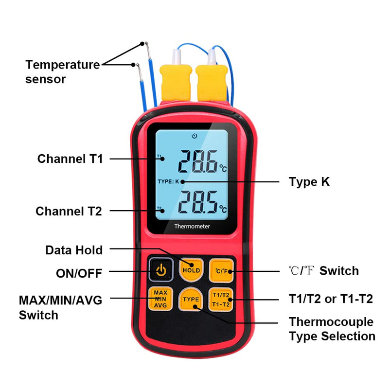 [Australia - AusPower] - Mengshen Digital Thermometer, 2-Channel K-Type Thermocouple Probe Sensor Temperature Meter Gauge for K/J/T/E/R/N/S Type, -200℃ to 1372℃ (-328℉ to 2501℉) 