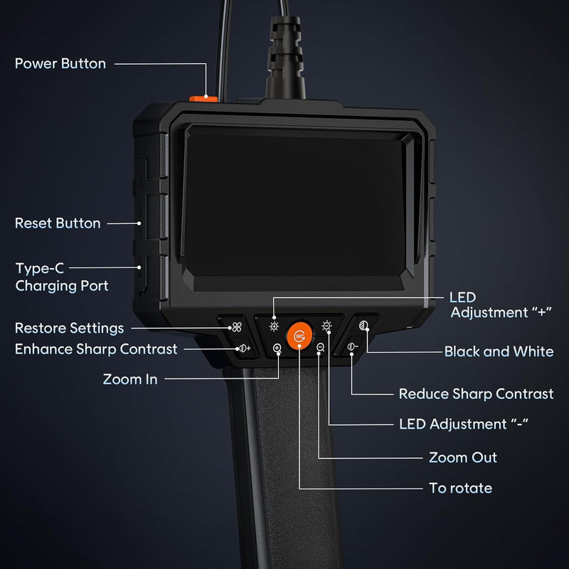 [Australia - AusPower] - Endoscope Camera with Light, SKYEAR Handheld Borescope 4.3'' HD 1080P with 8 Adjust LED Lights, Inspection Camera with 16.4ft Semi-Rigid Cable, IP67 Waterproof Scope Camera for Swer, Gadgets for Men 