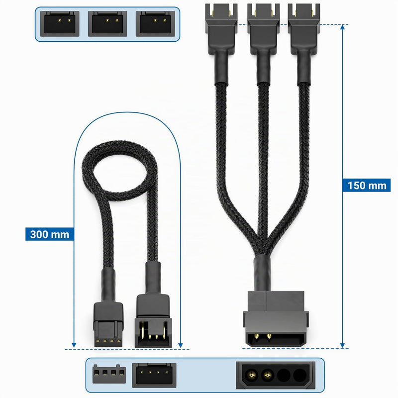 deleyCON 15 cm Molex 12V Fan Y Cable Set 3-Pin PWM 4-Pin - Black | Short 15 cm, 2-pin Molex distributor cable to 3x 3-pin plug, 30 cm PWM extension, 3 case fans to one power supply Molex 2-pin 12 V
