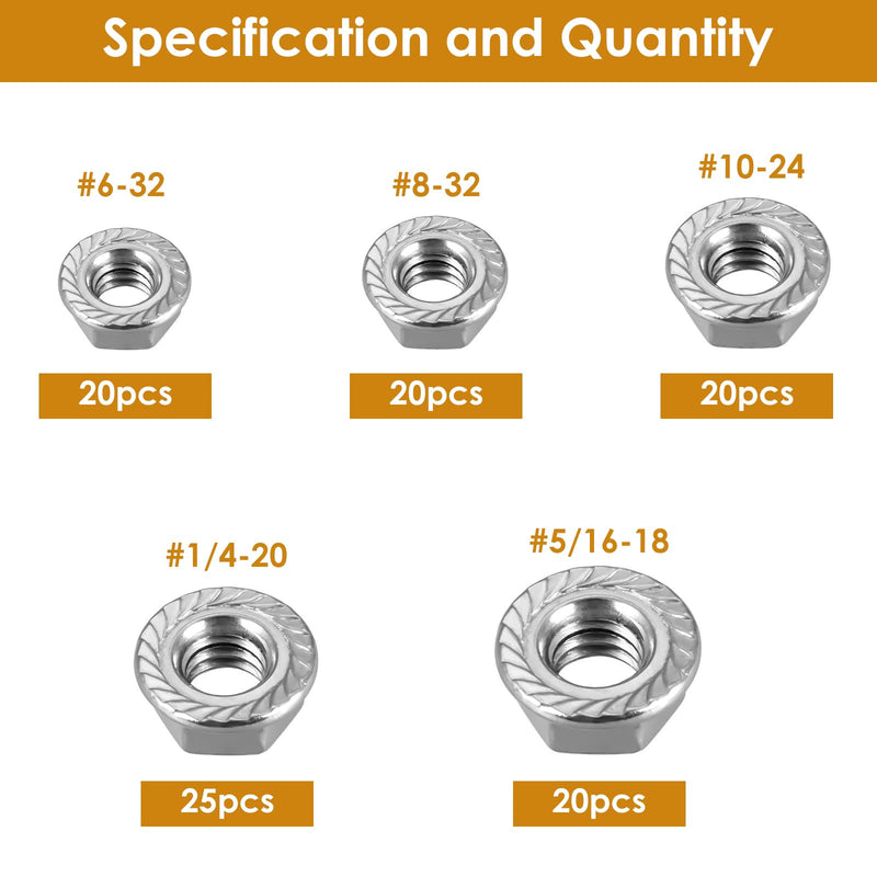 [Australia - AusPower] - 105pcs Serrated Flange Hex Lock Nuts Assortment Kit 304 Stainless Steel 5 Sizes Hexagon Flange Nuts (#6-32#8-32#10-24 1/4"-20 5/16"-18) by SUVICTONG 