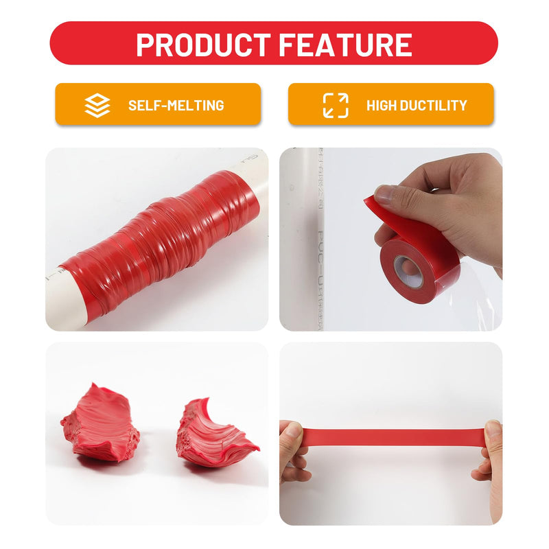 2-Pack Red Rubber Splicing Tape (20 Ft Total) - Self Fusing Emergency Repair Tape for Wiring & Marking - Non-Slip Silicone Grip for Handlebars - Easy-Peel Liner, 1 Inch x 10 Feet 2