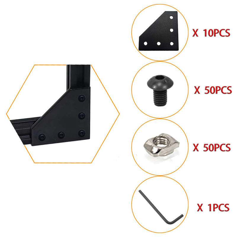 10Pcs 2020 Corner Bracket Joint Plate L Shape 5 Hole Aluminum Extrusion Connector with 50Pcs T-nuts, 50Pcs Screws and 1Pcs Wrench for 20 x 20mm Series Aluminum Extrusion Profile L Shape-Black 20mm x 20mm