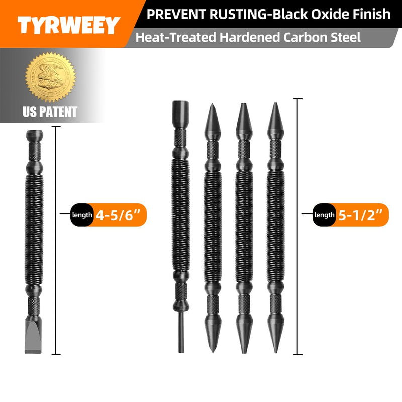 [Australia - AusPower] - 5-Piece Nail Setter Dual Head Nail Set & Dual Head Center Punch & Hinge Pin Remover Punch Set, Spring Loaded Center Hole Punch, Nail Setter Features 1/8-in, 3/32-in, 3/16-in, 1/16-in, 1/32-in 