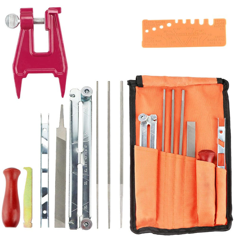 Chainsaw Sharpening Files Kit, Chainsaw Sharpener Files Set, Chainsaw Sharpener Includes Chainsaw Blunt, Round File, Sharpening Guides, Depth Gauge, Flat File, Wooden Handle, Lightweight Field Bag